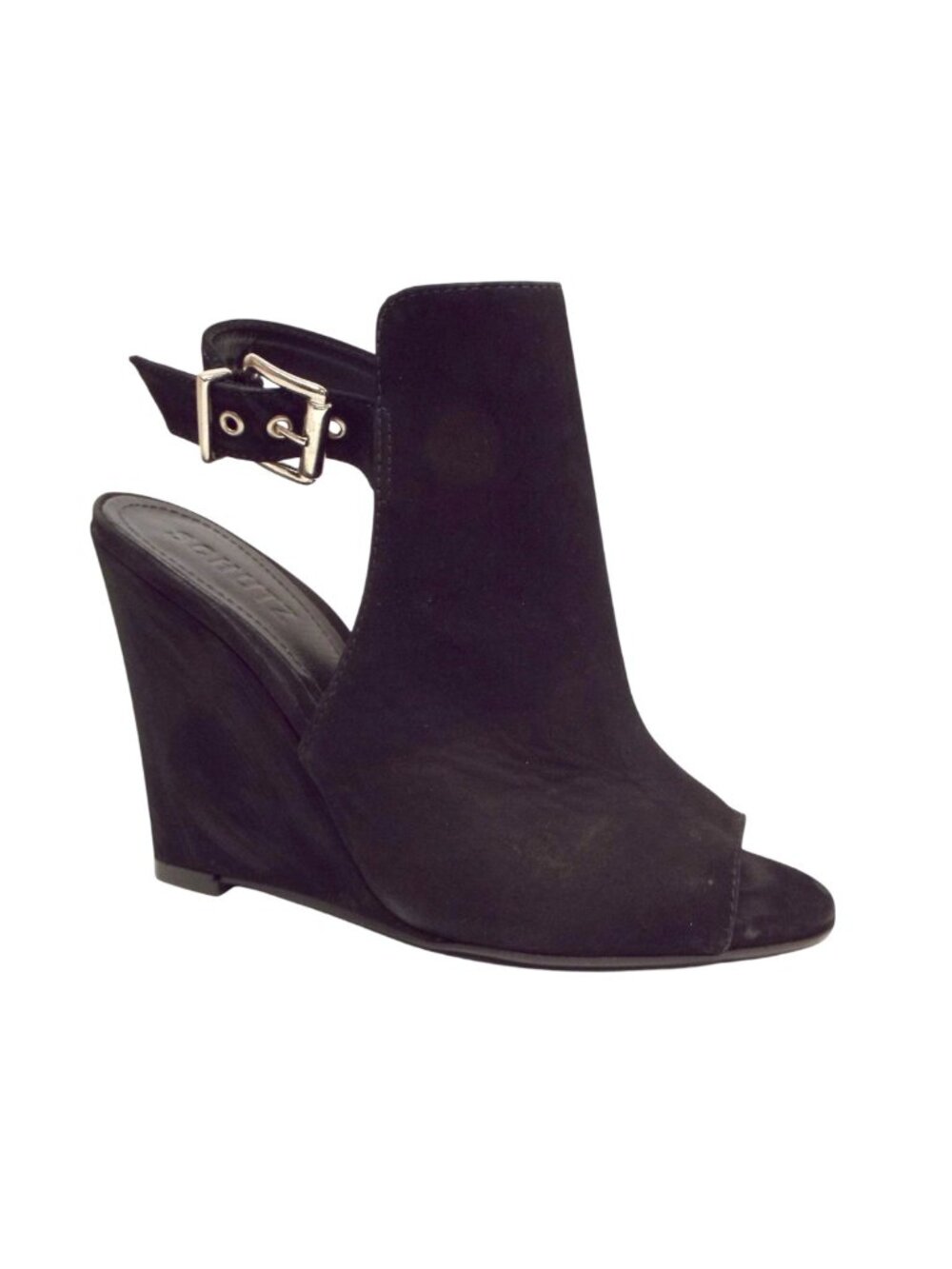 SCHUTZ Black Nubuck Leather Open Toe Buckled Sling Wedge Ankle Bootie Heels 7